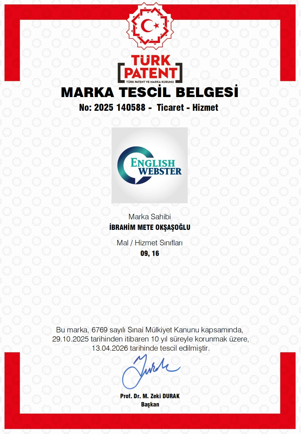 Türk Patent ve Marka Kurumu - Marka Tescil Belgesi (2025)
